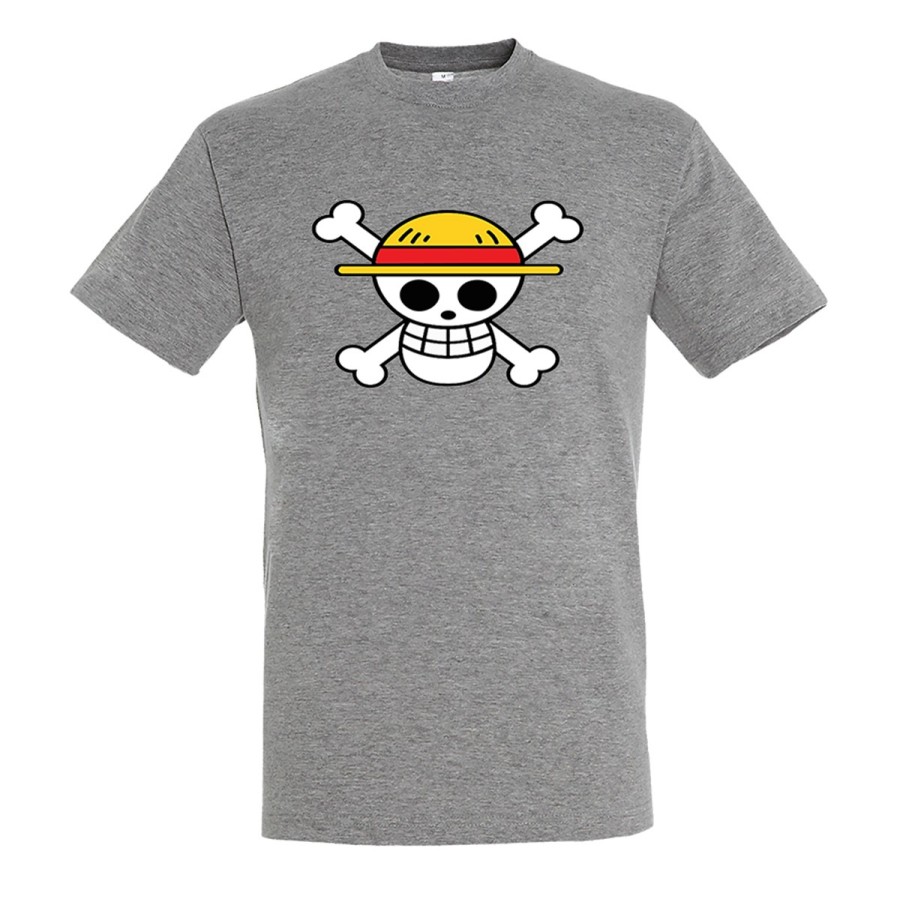 CAMISETA GRIS MEZCLA LOGO ONE PIECE CALAVERA PIRATAS LUFFY moda verano personalizada