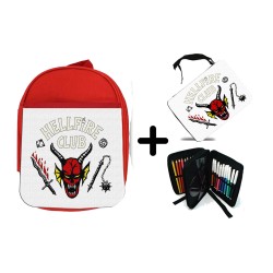 PACK MOCHILA ROJA Y ESTUCHE hellfire club fuego infernal grupo rol material escolar