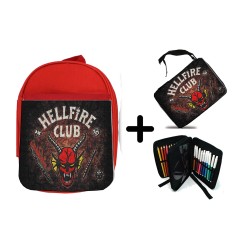 PACK MOCHILA ROJA Y ESTUCHE club fuego infernal rol hellfire dados juego mesa material escolar