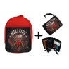 PACK MOCHILA ROJA Y ESTUCHE club fuego infernal rol hellfire dados juego mesa material escolar