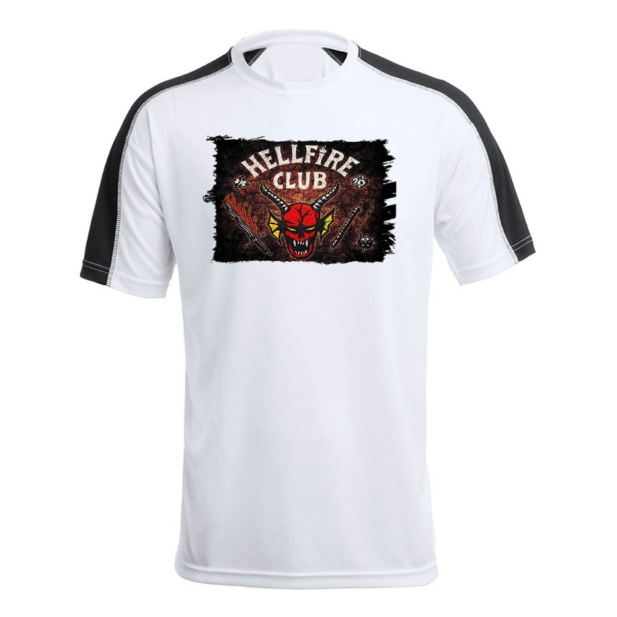 CAMISETA TÉCNICA FRANJA MANGAS NEGRA club fuego infernal rol hellfire dados juego mesa personalizada