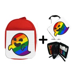 PACK MOCHILA ROJA Y ESTUCHE GAYSPER FANTASMA ORGULLO GAY MEME material escolar