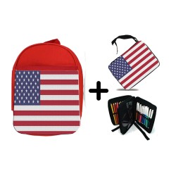 PACK MOCHILA ROJA Y ESTUCHE BANDERA DE LOS ESTADOS UNIDOS material escolar