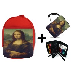 PACK MOCHILA ROJA Y ESTUCHE GIOCONDA MONALISA CUADRO ARTE material escolar