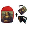 PACK MOCHILA ROJA Y ESTUCHE GIOCONDA MONALISA CUADRO ARTE material escolar