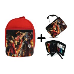 PACK MOCHILA ROJA Y ESTUCHE ONEPIECE LUFFY PELIGRO material escolar