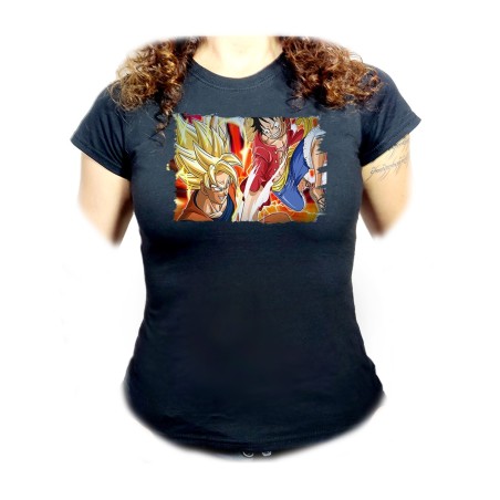 CAMISETA NEGRA MUJER LUFFY VS GOKU ANIME SHONEN oferta personalizada