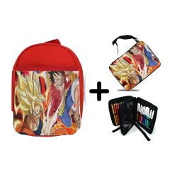 PACK MOCHILA ROJA Y ESTUCHE LUFFY VS GOKU ANIME SHONEN material escolar