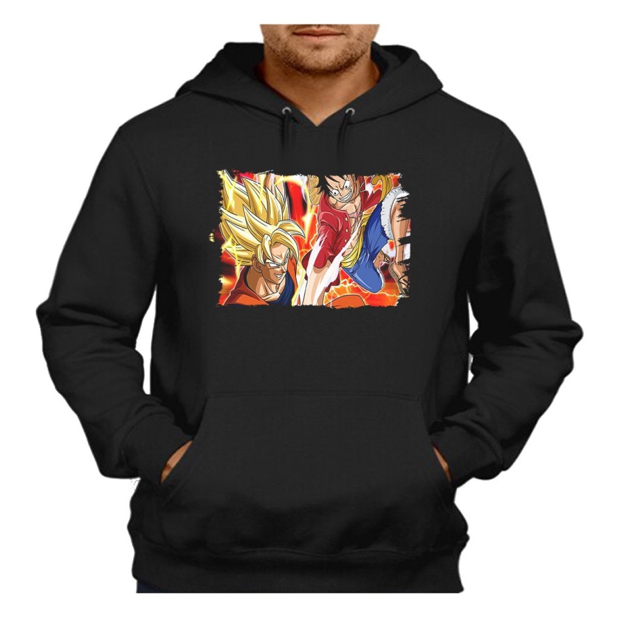 SUDADERA NEGRA CON CAPUCHA LUFFY VS GOKU ANIME SHONEN adulto poliester algodón personalizada