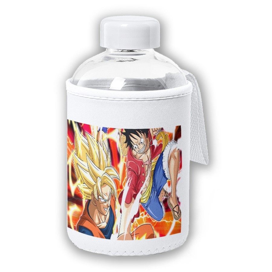 BIDON CRISTAL CON FUNDA SOFT SHELL LUFFY VS GOKU ANIME SHONEN tapon seguridad botella