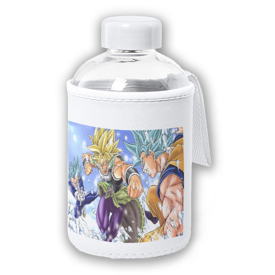 BIDON CRISTAL CON FUNDA SOFT SHELL PELICULA GOKU VEGETA VS BROLY tapon seguridad botella