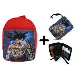 PACK MOCHILA ROJA Y ESTUCHE Goku ultra instinto banda callejera yakuza material escolar