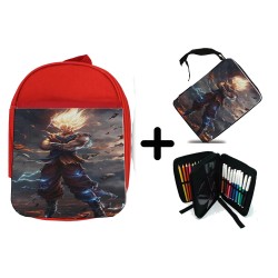 PACK MOCHILA ROJA Y ESTUCHE dragon ball z goku ssj realista real material escolar