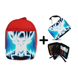 PACK MOCHILA ROJA Y ESTUCHE GOKU LIMIT BREAKER ULTRA INSTINCT material escolar