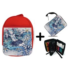 PACK MOCHILA ROJA Y ESTUCHE HATSUNE MIKU FLORES JARDIN material escolar