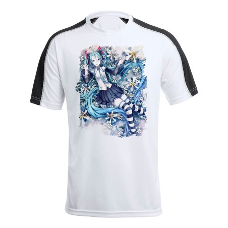 CAMISETA TÉCNICA FRANJA MANGAS NEGRA HATSUNE MIKU FLORES JARDIN personalizada