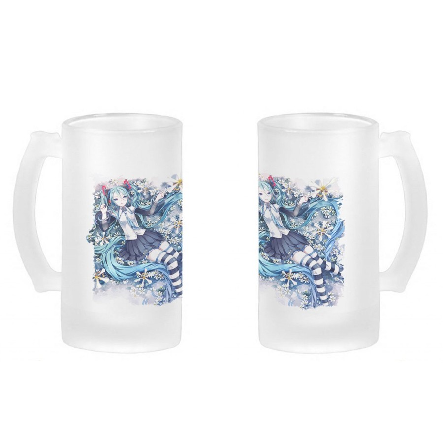 JARRA CERVEZA CRISTAL HATSUNE MIKU FLORES JARDIN esmerilada esmerilado 500ml