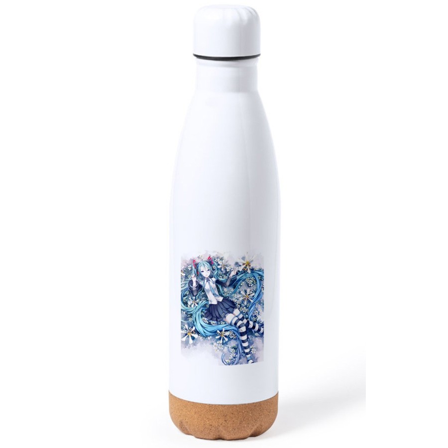 BIDON 750 ML ACERO INOXIDABLE ADORNO DE CORCHO HATSUNE MIKU FLORES JARDIN tapon botella