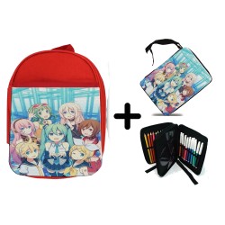 PACK MOCHILA ROJA Y ESTUCHE grupo musical vocaloid hatsune miku material escolar