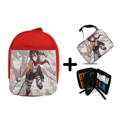 PACK MOCHILA ROJA Y ESTUCHE MIKASA ATAQUE A LOS TITANES material escolar