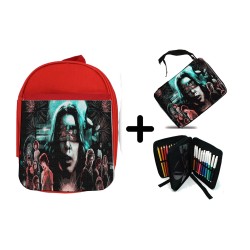 PACK MOCHILA ROJA Y ESTUCHE extrañas cosas personajes mundo reves material escolar