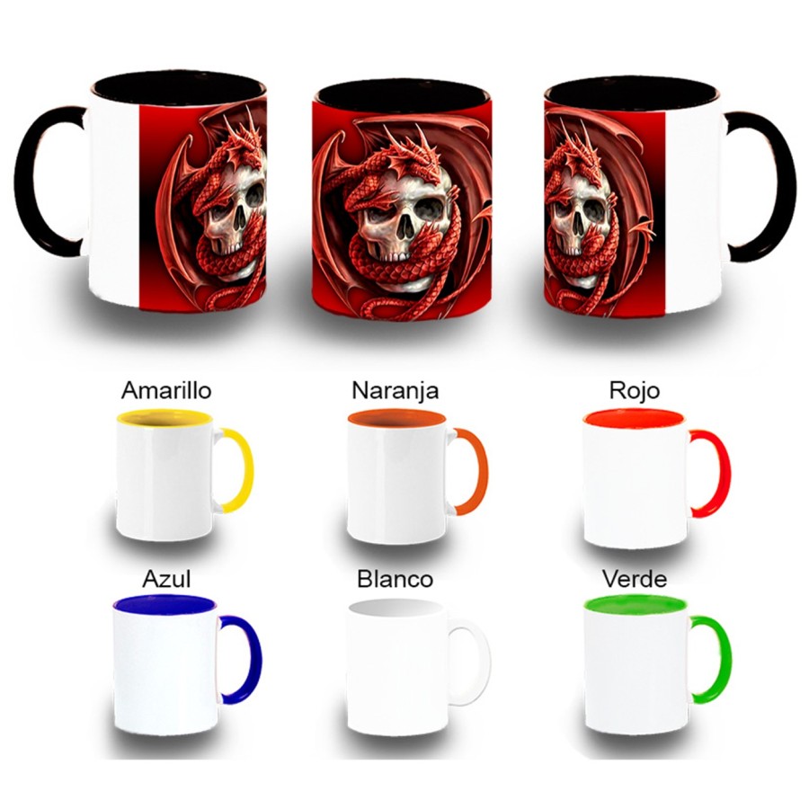 TAZA COLORES calavera dragon fuego skull fantasia  color personalizada