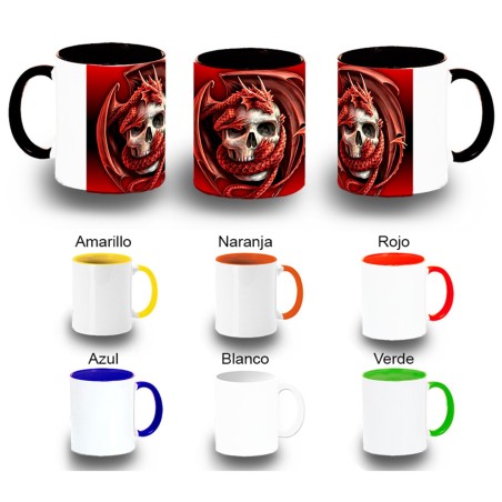 TAZA COLORES calavera dragon fuego skull fantasia  color personalizada