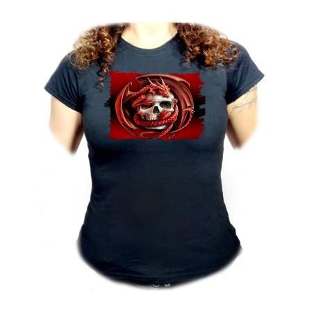 CAMISETA NEGRA MUJER calavera dragon fuego skull fantasia  oferta personalizada