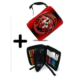 PACK MOCHILA Y ESTUCHE calavera dragon fuego skull fantasia  material escolar