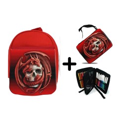 PACK MOCHILA ROJA Y ESTUCHE calavera dragon fuego skull fantasia  material escolar