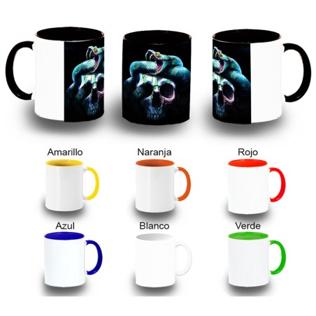 TAZA COLORES calavera serpiente  oscura gotico color personalizada