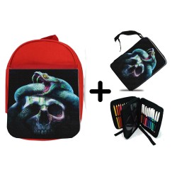 PACK MOCHILA ROJA Y ESTUCHE calavera serpiente  oscura gotico material escolar