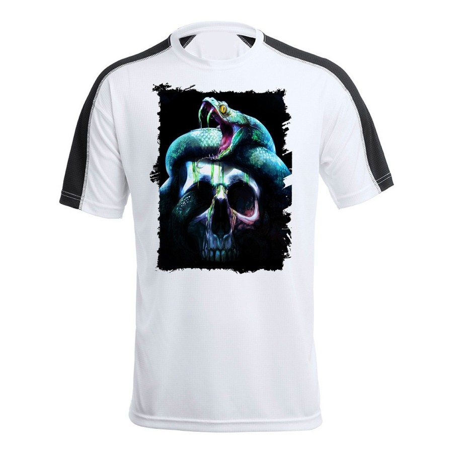 CAMISETA TÉCNICA FRANJA MANGAS NEGRA calavera serpiente  oscura gotico personalizada