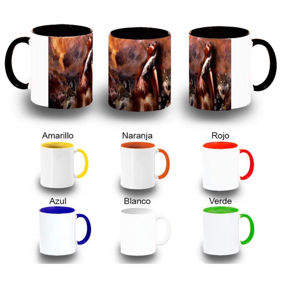 TAZA COLORES india lobos america aguila tribu nativo color personalizada