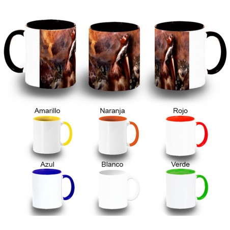 TAZA COLORES india lobos america aguila tribu nativo color personalizada