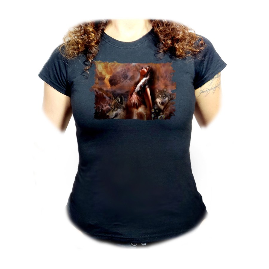 CAMISETA NEGRA MUJER india lobos america aguila tribu nativo oferta personalizada