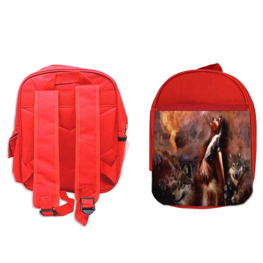 PACK MOCHILA ROJA Y ESTUCHE india lobos america aguila tribu nativo material escolar