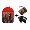 PACK MOCHILA ROJA Y ESTUCHE india lobos america aguila tribu nativo material escolar