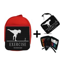 PACK MOCHILA ROJA Y ESTUCHE ejercicio motivacion tiranosaurio rex correr material escolar