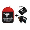 PACK MOCHILA ROJA Y ESTUCHE ejercicio motivacion tiranosaurio rex correr material escolar