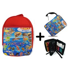 PACK MOCHILA ROJA Y ESTUCHE cartel helados frigo retro ochentero egb  material escolar