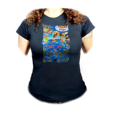 CAMISETA NEGRA MUJER cartel helados frigo retro ochentero egb  oferta personalizada