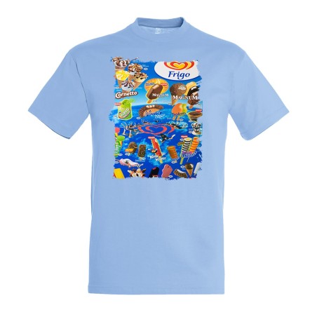 CAMISETA AZUL CIELO cartel helados frigo retro ochentero egb  moda verano personalizada