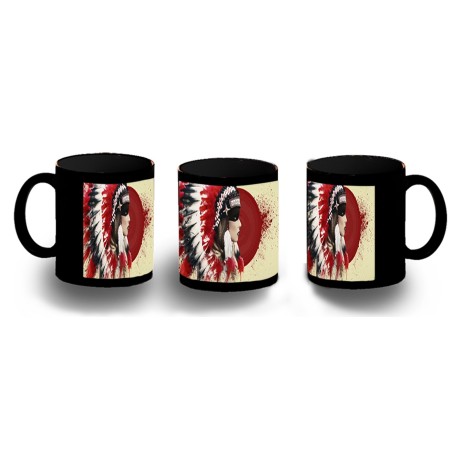 TAZA COMPLETAMENTE NEGRA indio tribal plumas nativo americano personalizada