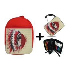 PACK MOCHILA ROJA Y ESTUCHE indio tribal plumas nativo americano material escolar