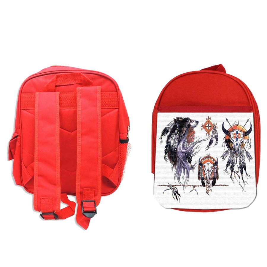 MOCHILA ROJA indio nativo americano tribal cuernos escolar personalizado