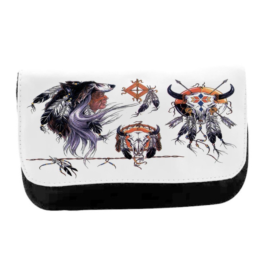 ESTUCHE NECESER DE LONA indio nativo americano tribal cuernos unisex negro monedero billetera