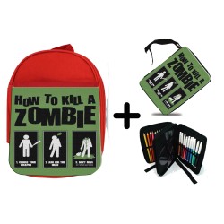 PACK MOCHILA ROJA Y ESTUCHE como matar a un zombie  muertos material escolar