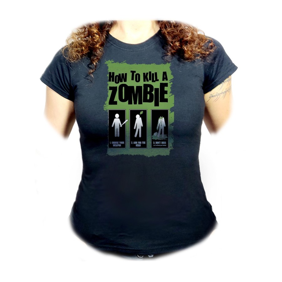 CAMISETA NEGRA MUJER como matar a un zombie  muertos oferta personalizada