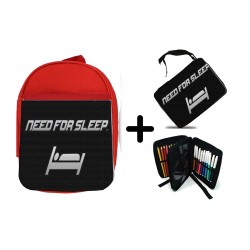 PACK MOCHILA ROJA Y ESTUCHE need for sleep dormir pereza perezoso material escolar